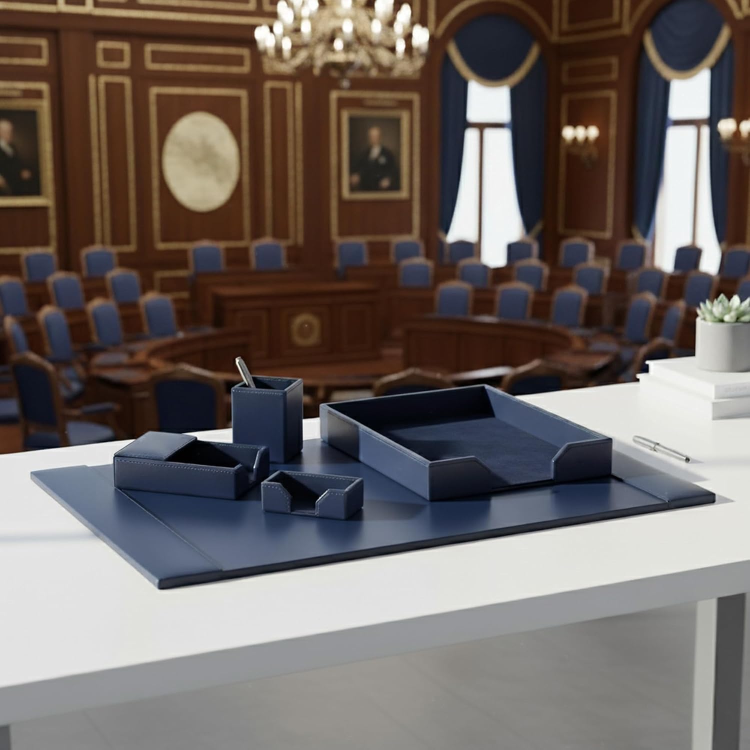 DACASSO Bonded Leather Desk Set - Luxury Leather Desk Pad & Desk Organization Essentials (Navy Blue, 5 Piece)