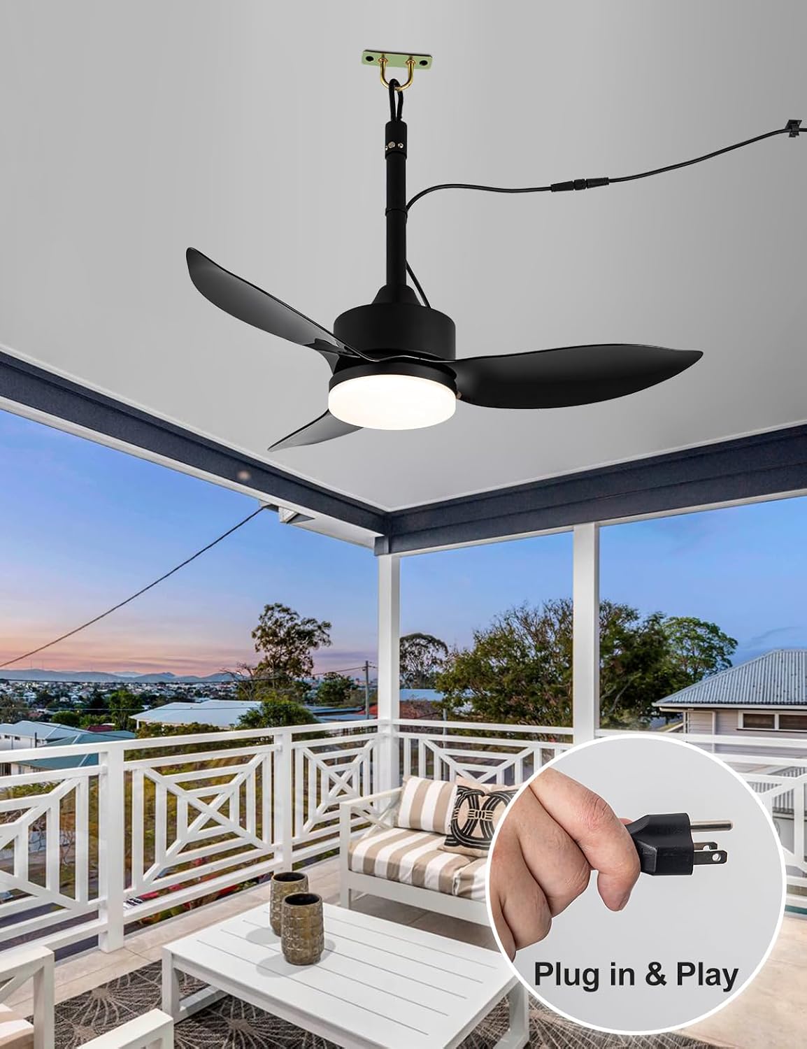 EKIZNSN Outdoor Plug In Ceiling Fan with Light and Hook, 39' IP65 Waterproof Wet Rated Patio Ceiling Fans, Black