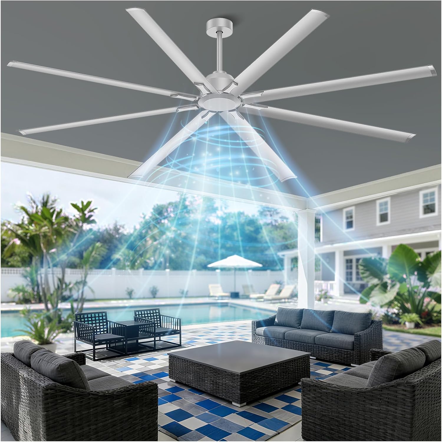 96 Inch Silver Industrial Ceiling Fan, Extra Large HVLS Commercial Big Assed Shop Ceiling Fan with 8 Aluminum Blades, DC Motor, Remote Control for Garage, Warehouse, Gym