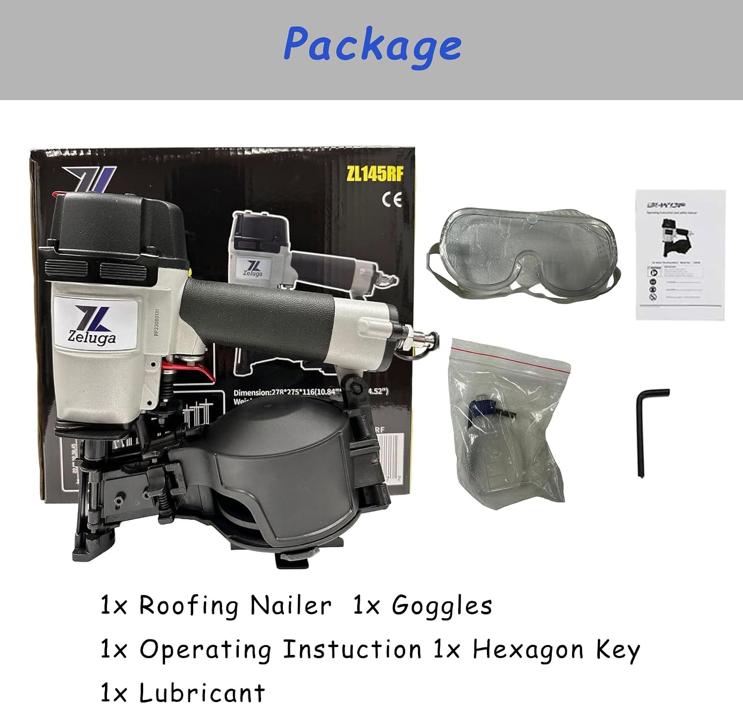 Zeluga 28-145 Pneumatic 15 Degree Coil Roofing Nailer with 120 PCS Load Capacity Coil Nailer Kit with Eye Protection and Repair Kit