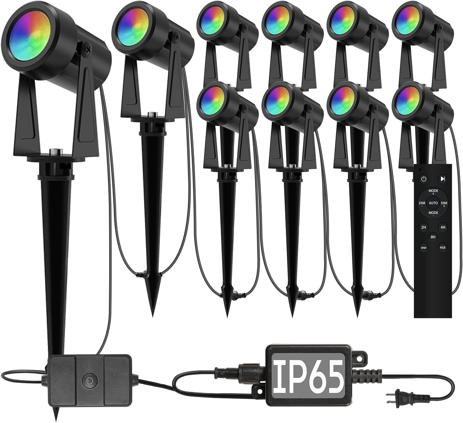 SUNTHIN RGBW Color Changing Spot Uplights 10 Pack with 13FT Extension Cord with 3-Pin for RGBW Outdoor Landscape Spotlights