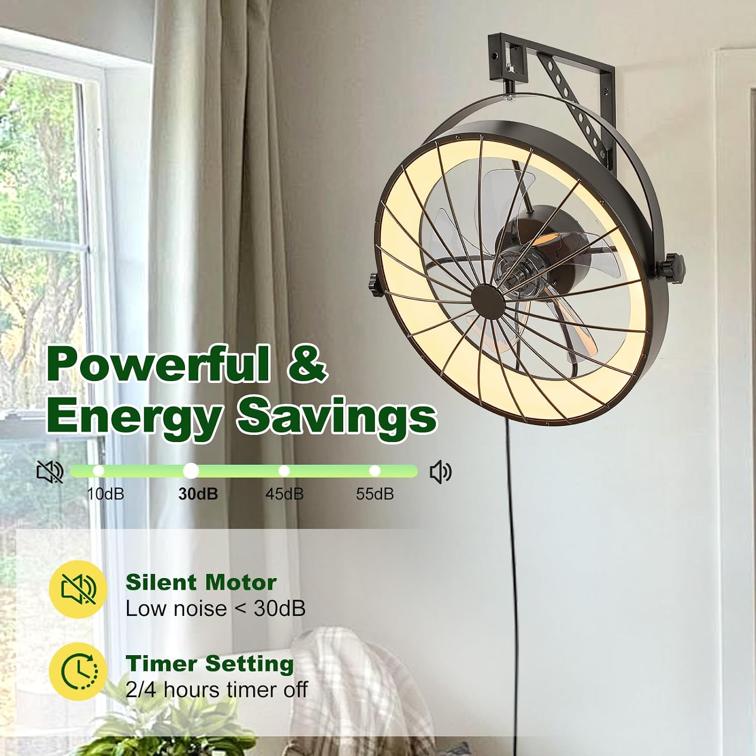 Wall Mount Fan with Remote App Control, 20' Quiet Wall Mounted Fans with Light, 3 Color Dimmable, 360° Adjustable Tilt Plug in Ceiling Fan Indoor Wall Hanging Fan for Garage, Home, Patio