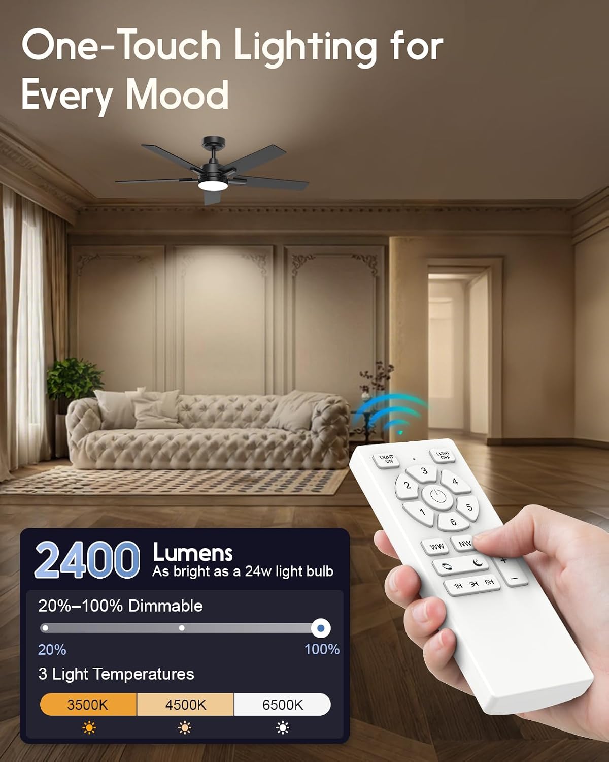 52 Inch Ceiling Fan with Light, Black Smart Ceiling Fan with 5 Two-Sided Blades, LED Fan with Remote and Compatible with Alexa, High CFM Ultra Quiet Large Fan for Bedroom, Living Room