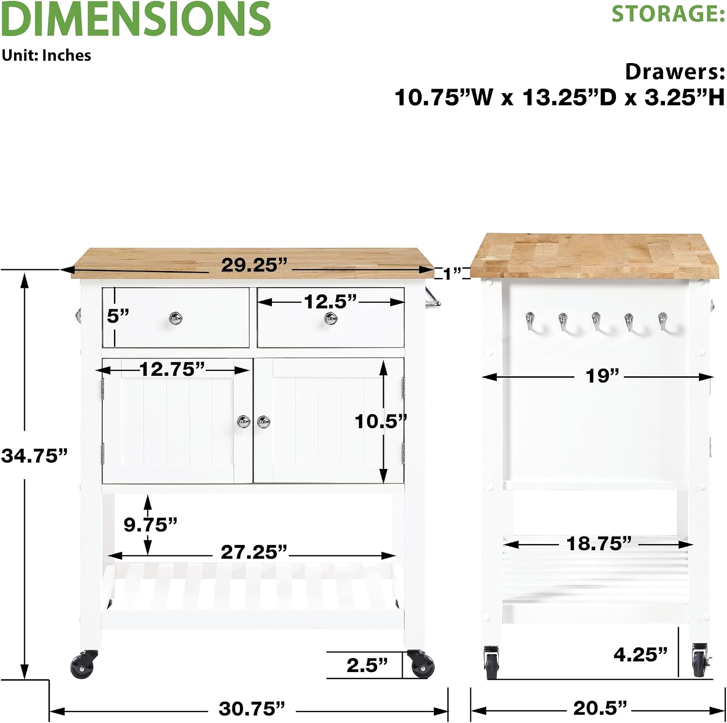 OSP Home Furnishings Stirling Farmhouse Kitchen Cart, Rolling Storage Cabinet with Drawers, Shelf, 5 Utility Hooks, White with Wood Top