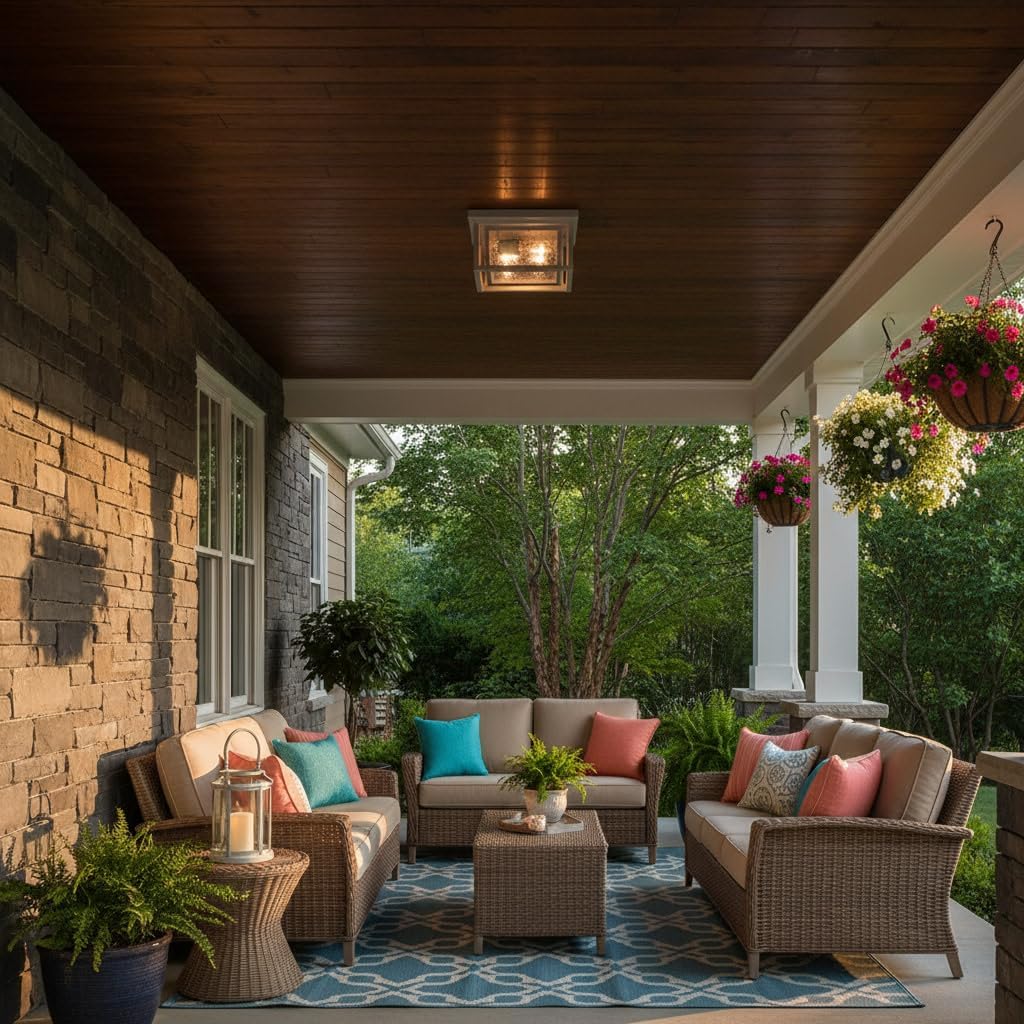 Hinkley Republic Small Flush Mount Outdoor Ceiling Light, Composite, Clear Seedy Glass Panes, Anti-Fading Finish, Satin Nickel Finish