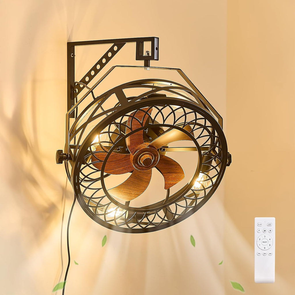 20' Wall Mount Fan with Lights, Wall Mounted Fan with Remote, 360° Adjustable Tilt Plug In Wall Fan, Indoor Industrial Fan Wall Mount for Garage, Bedroom, Workshop, Warehouse