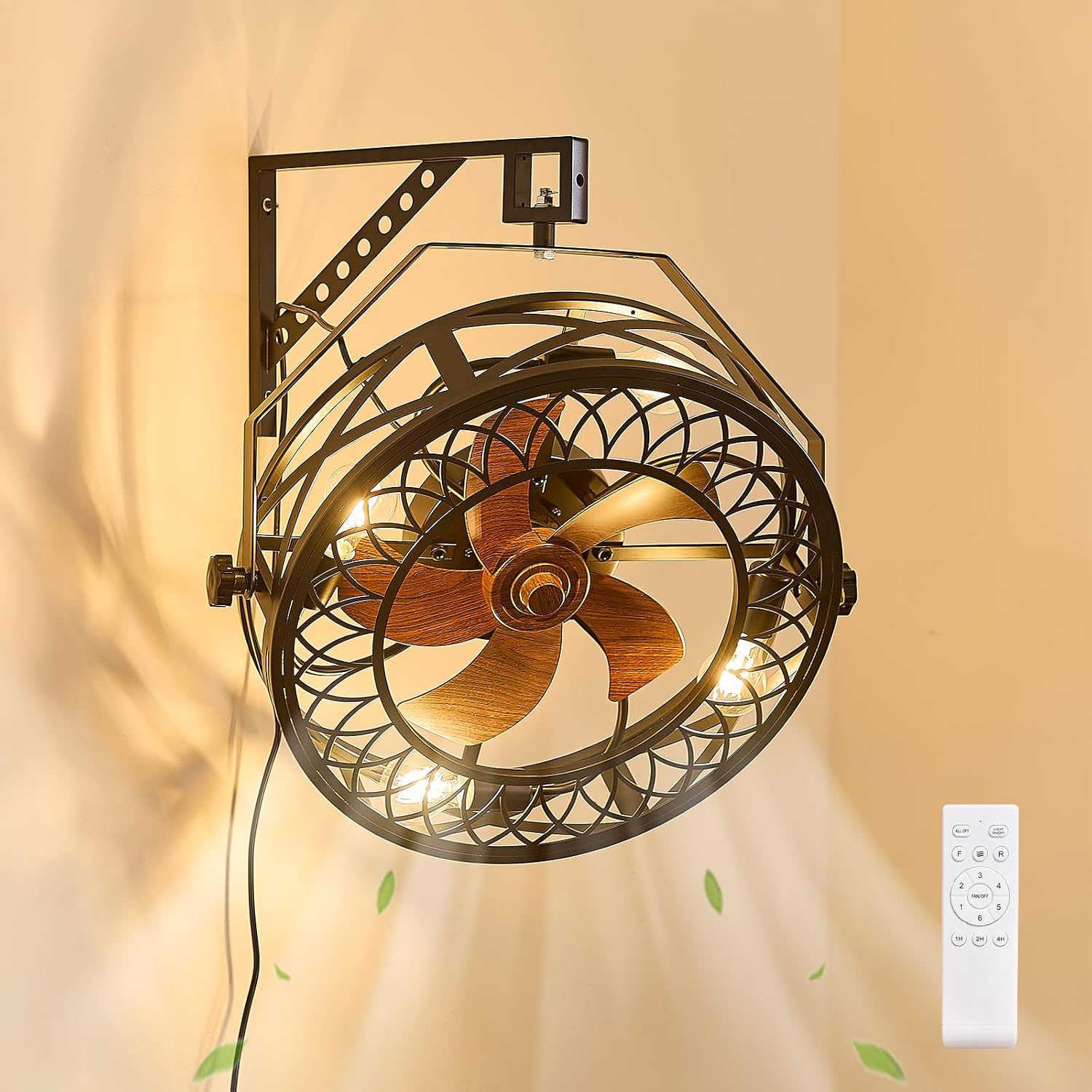 20' Wall Mount Fan with Lights, Wall Mounted Fan with Remote, 360° Adjustable Tilt Plug In Wall Fan, Indoor Industrial Fan Wall Mount for Garage, Bedroom, Workshop, Warehouse