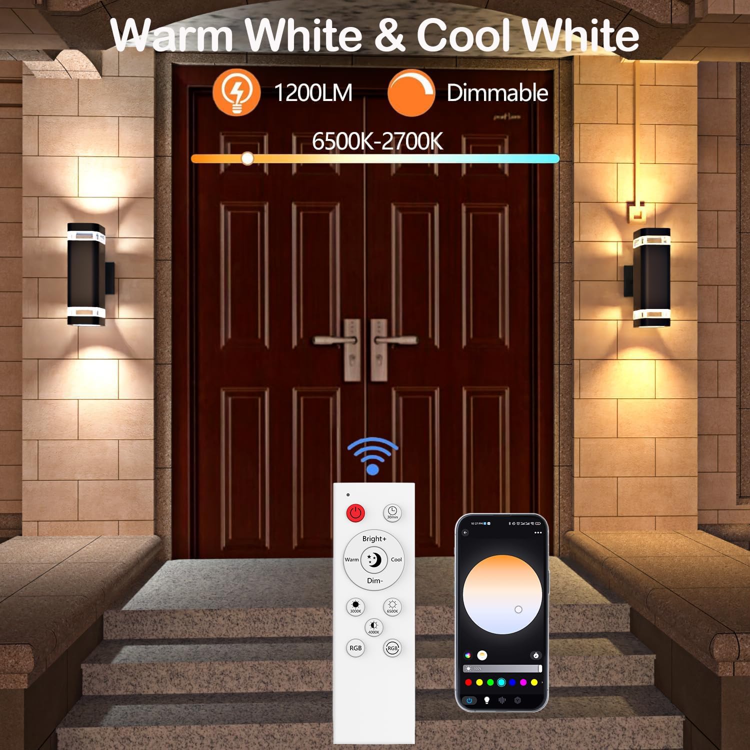 wowlite Smart Up and Down Lights Outdoor 2 Pack, RGBCW Exterior Lighting Fixtures WiFi App Control 2700K-6500K Ambience Wall Sconce Light Color Changing, Black Exterior Lights for House Porch Patio
