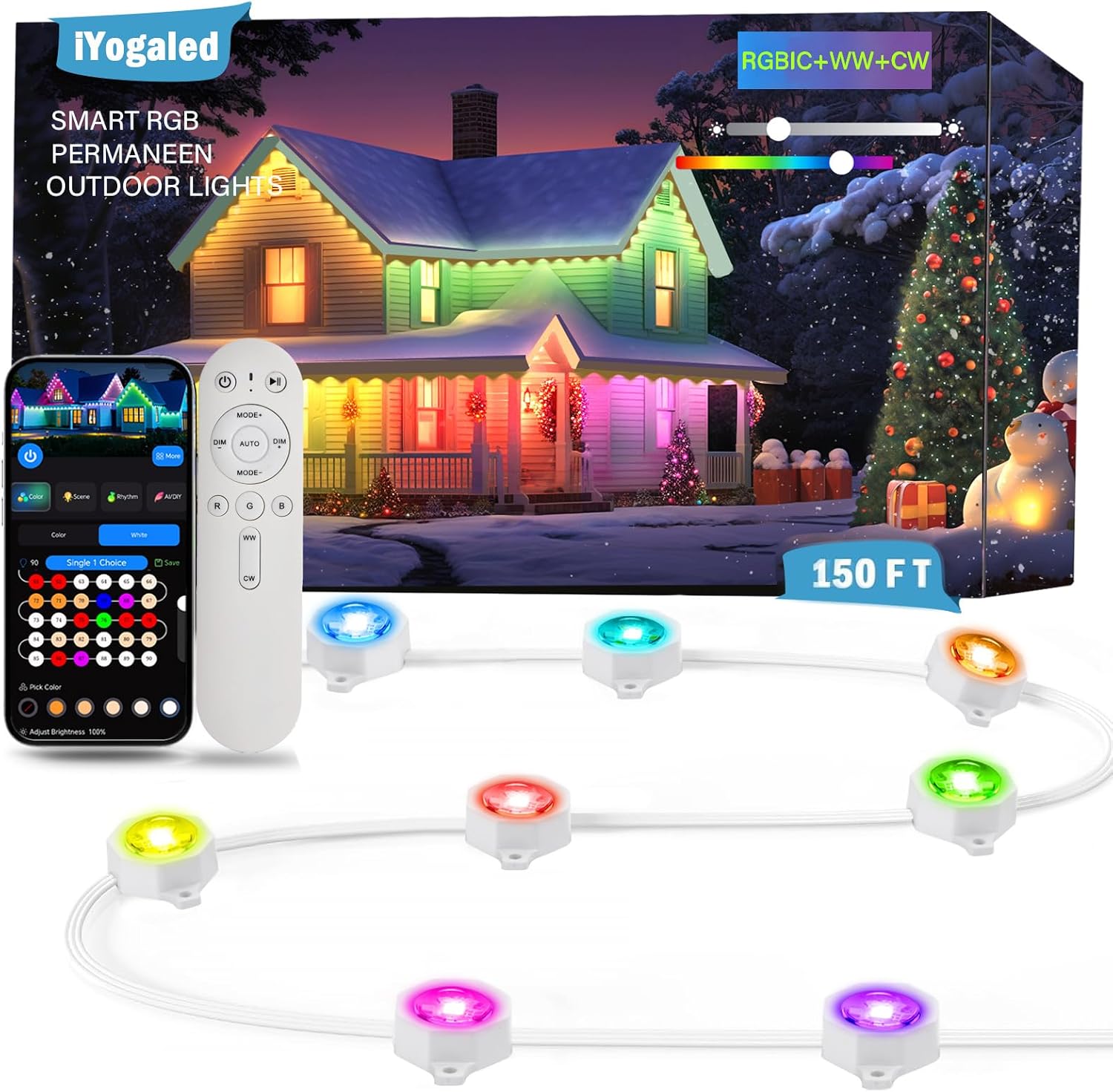 iYogaled 150ft Permanent Outdoor Christmas Lights for House, Smart RGB+IC+Warm to Cool White LED Eave Lights with App Control, IP65 Outside Light Compatible with Alexa, Google Assistant