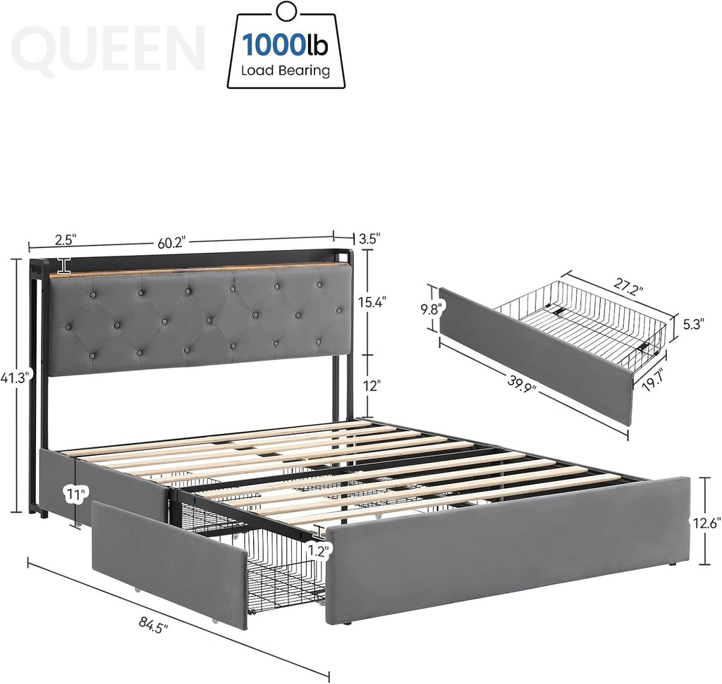 Queen Size Platform Bed Frame with Storage - 4 Drawers & Charging Station, Velvet Upholstered Headboard with Shelf, Sturdy Metal Frame, No Box Spring Needed, Luxury Bedroom Furniture for Modern Homes