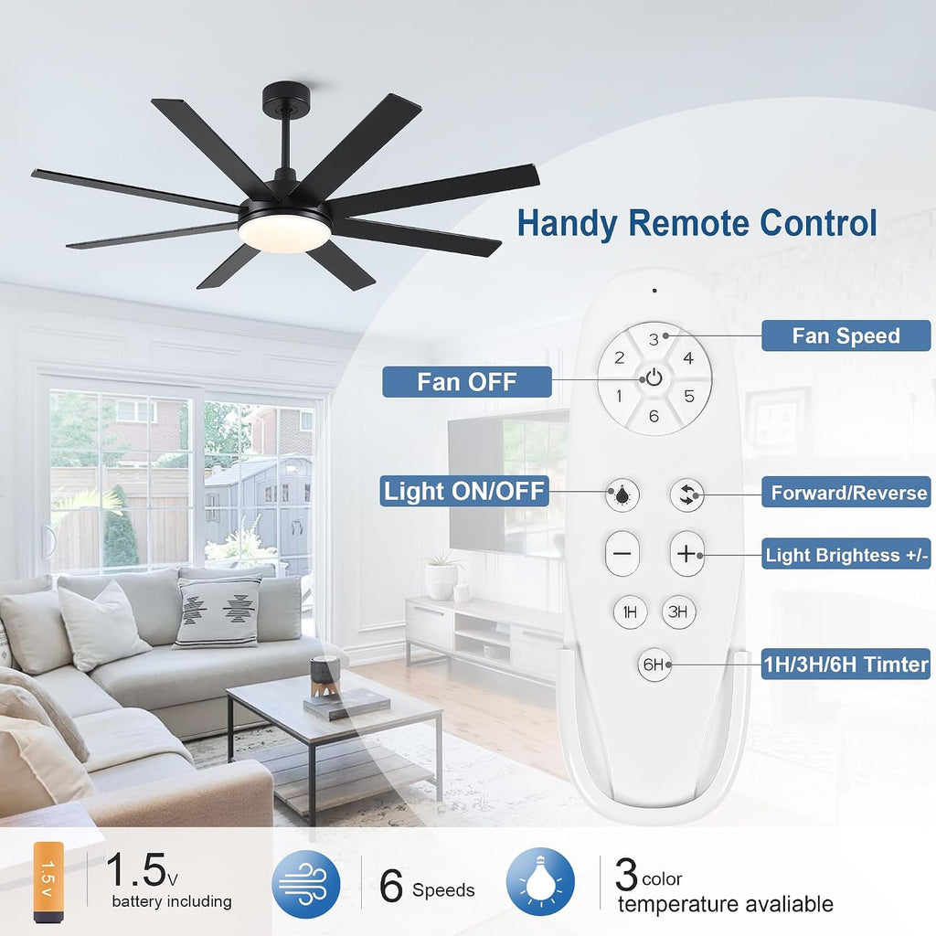 Ceiling Fans with Lights and Remote - 62 Inch Black Modern Ceiling Fan with Light for Bedroom Living Room Kitchen Indoor - 6 Speed Reversible DC Motor Timer 3 CCT Dimmable