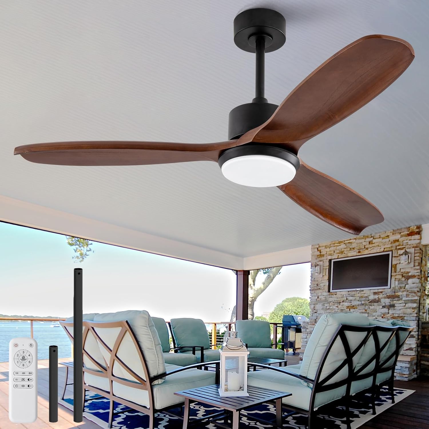 KBZZ 52 Inch Ceiling Fans with Lights and Remote, Solid Wood Blades, Dimmable, Reversible DC Motor, Memory Function, Modern Indoor Outdoor Ceiling Fan with Light for Patio Bedroom (Black Walnut)