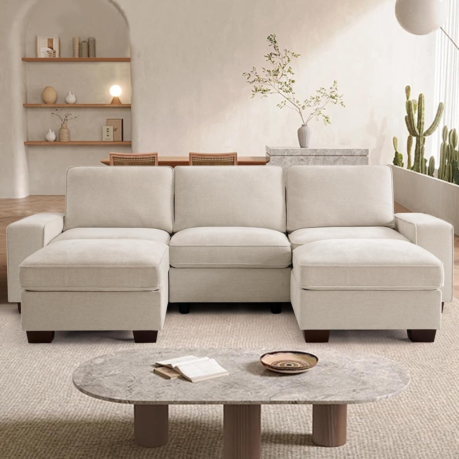 TEKAMON 100' Modular Sectional Sofa with Seats Storage, U Shaped Couch with 2 Movable Ottomans, Chenille Fabric Couch for Living Room, Spring Cushions, USB Port, Removable Covers, (Beige, U Shape)