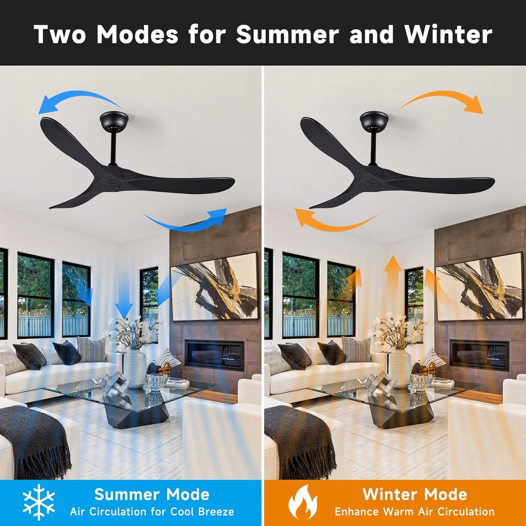Bigzone 52' Outdoor/Indoor Black Ceiling Fans Without Lights with Remote Control, Energy Efficient DC Motor 27W, Smart Ceiling Fan With Reversible Blades