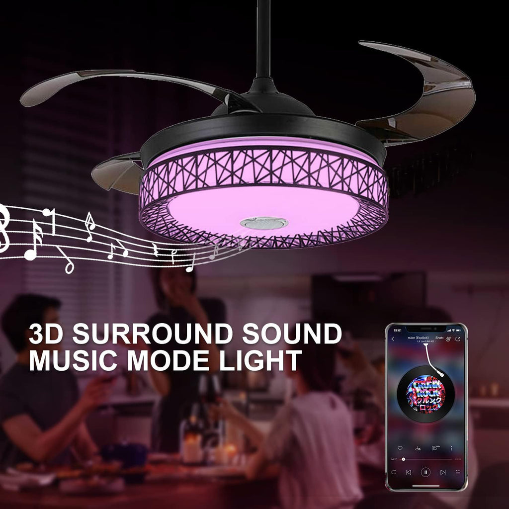 42' Retractable Ceiling Fans with Lights and Remote Control, Invisible Modern Chandelier Fan Lighting with Bluetooth Speaker Play Music 7 Colorful Dimmable Fixture for Bedroom/Living Room