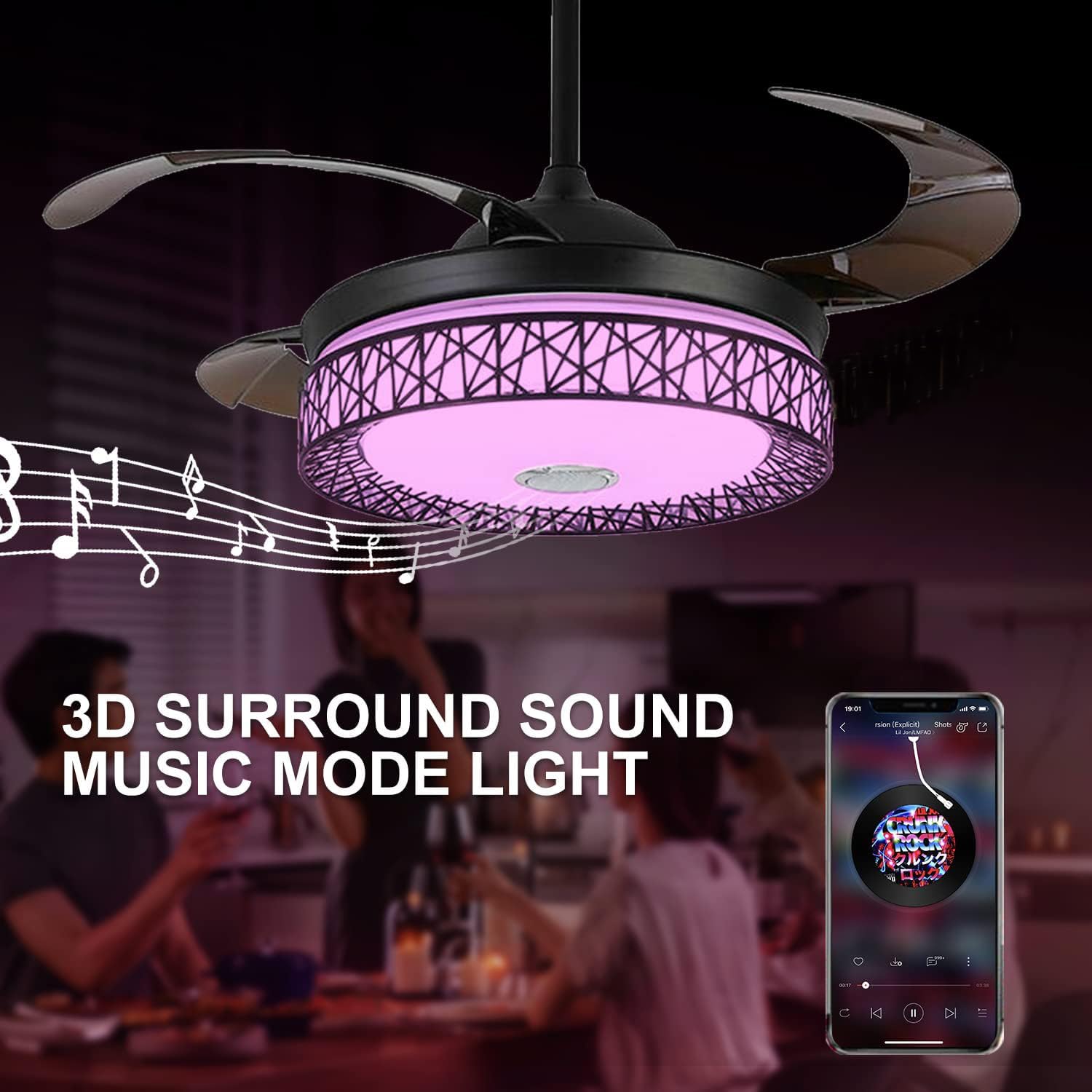 42' Retractable Ceiling Fans with Lights and Remote Control, Invisible Modern Chandelier Fan Lighting with Bluetooth Speaker Play Music 7 Colorful Dimmable Fixture for Bedroom/Living Room