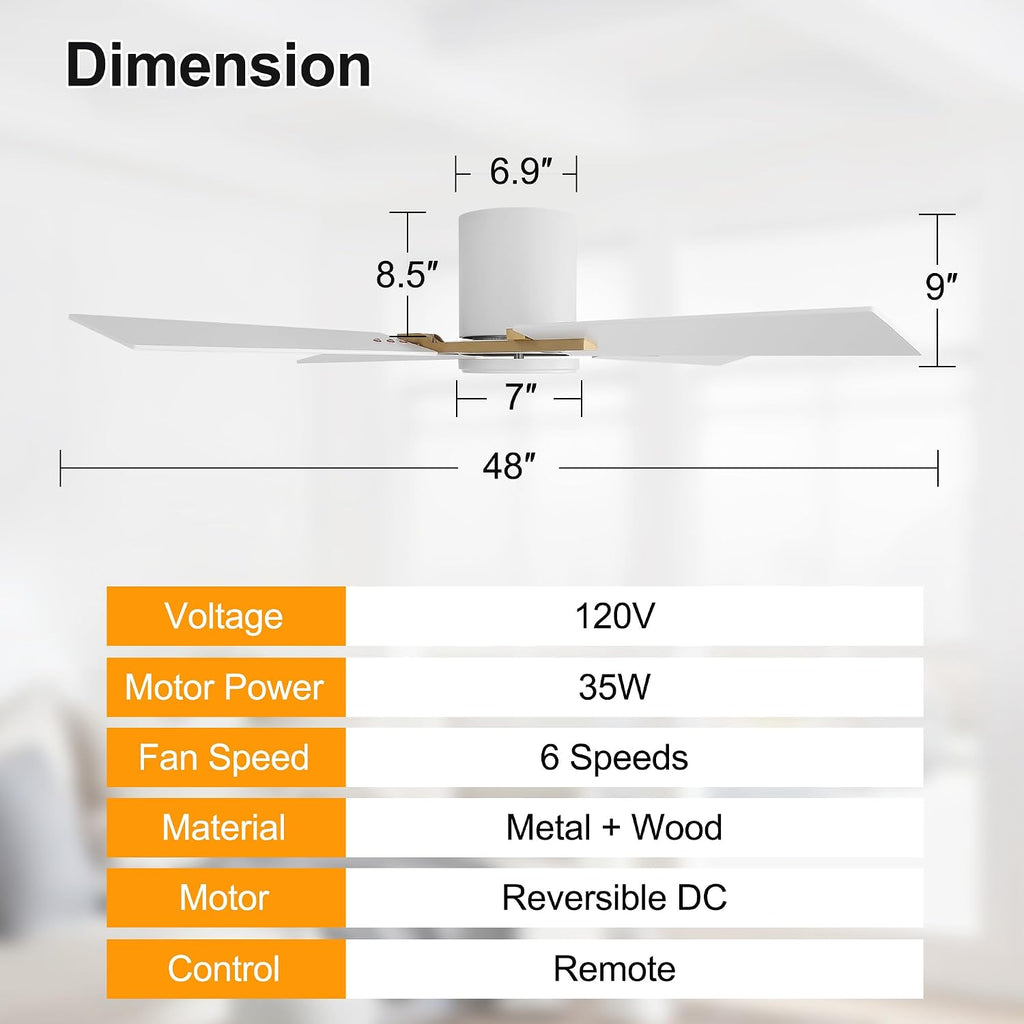 WINGBO 48 Inch Flush Mount Ceiling Fan without Light - 4 Plywood Blades, 6-Speed Reversible DC Motor, Noiseless Low Profile Ceiling Fan No Light for Bedroom Living Room, Gold and White