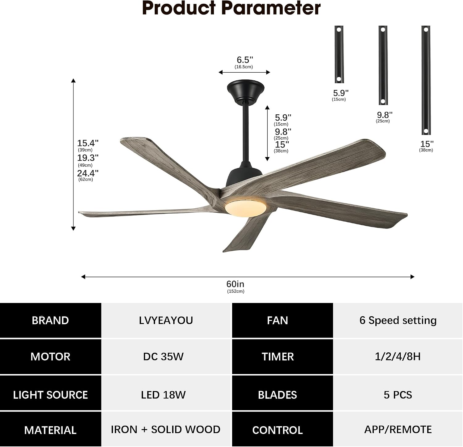 60' Solid Wood Ceiling Fan with Lights, Remote and APP Control, 3-color Dimmable LED, 6-speed Reversible, Modern Ceiling Fans for Bedroom, Living Room, Outdoor/Indoor, Greywood