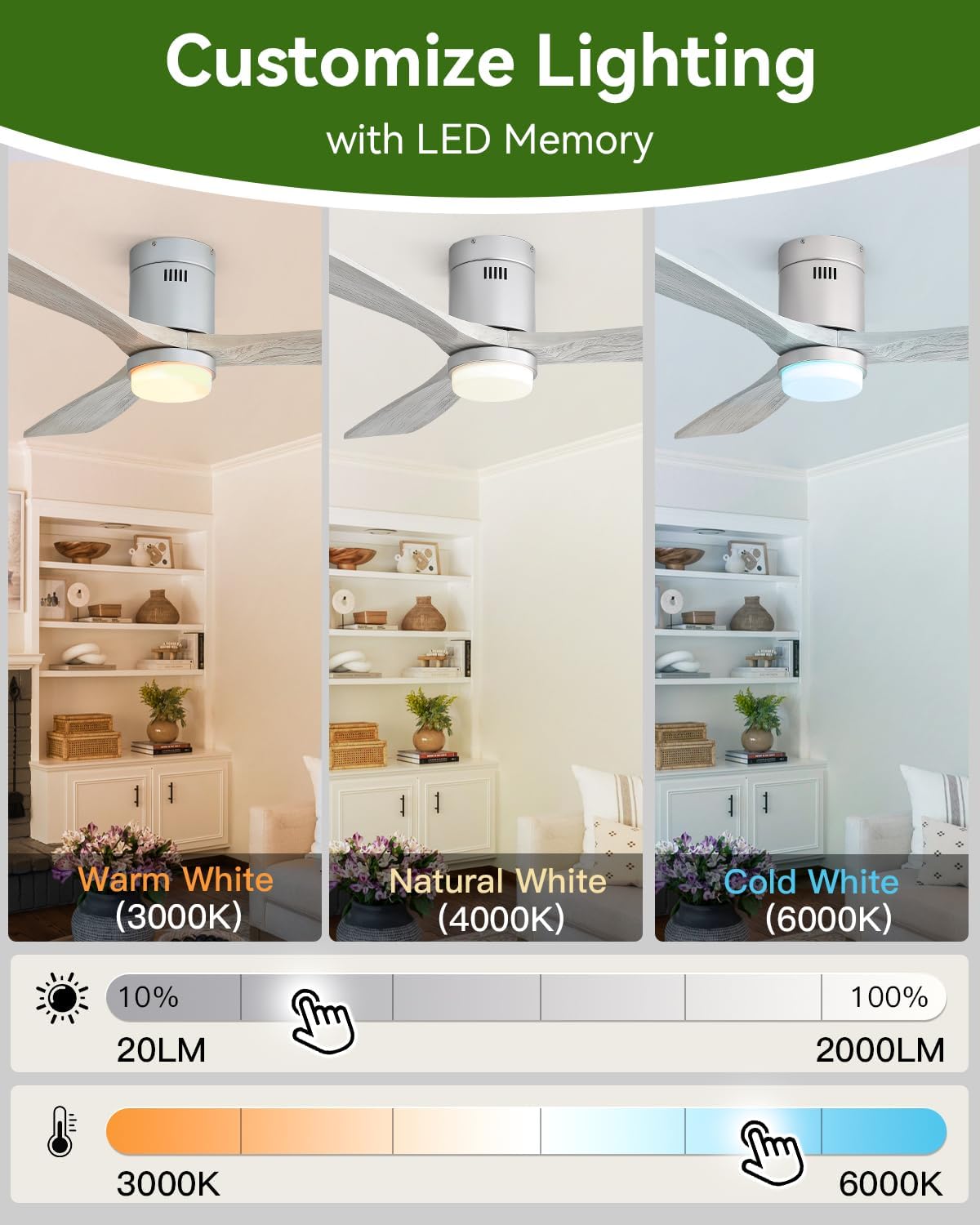 Sofucor 52' Solid Wood Low Profile Ceiling Fan with Light, Outdoor Ceiling Fan with Light and Remote, works with Alexa/Google/App 3-Color 6-Speed Noiseless Reversible DC Motor for Bedroom Living Room