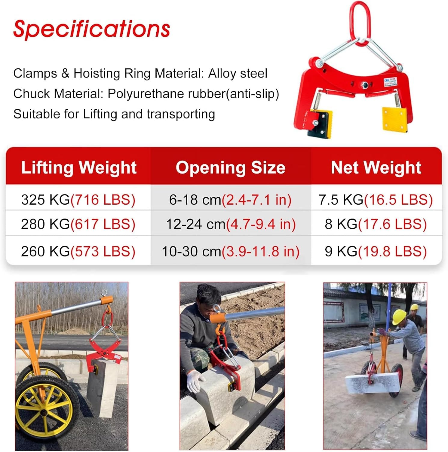 Adjustable Roadside Stone Transportation Clamps Granite Slab Lifter Clamp, for Road Construction, Industrial Vertical Lifting Equipment with Non-Slip Mat(Opening 12-24 cm(4.7-9.4 in))