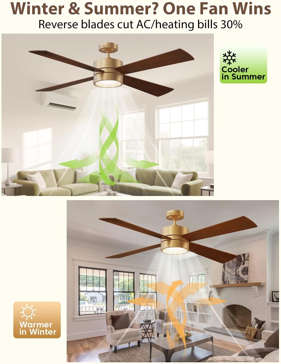 52' Outdoor Ceiling Fan with Lights and Remote – Luxury Gold Finish, Waterproof DC Motor, Reversible, Dimmable LED, Smart APP Control for Patios, Gazebo, and Indoor Spaces