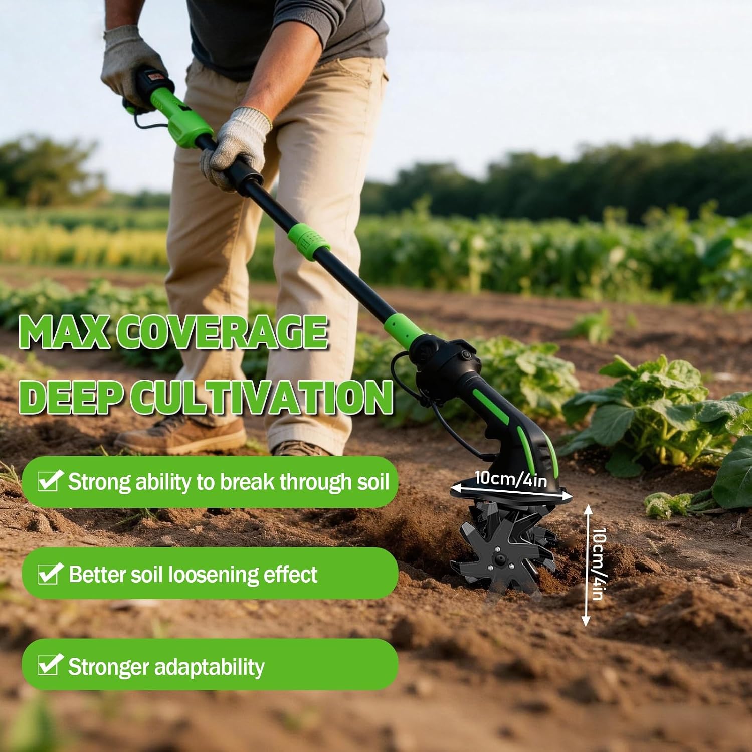 24V Cordless Tiller Cultivator, 2-in-1 Handheld & Extension Rod, 4'' Width & Depth, 235RPM Electric Garden Tiller, 2×1.5Ah Batteries & Charger, Lightweight for Raised Beds & Soil Cultivation