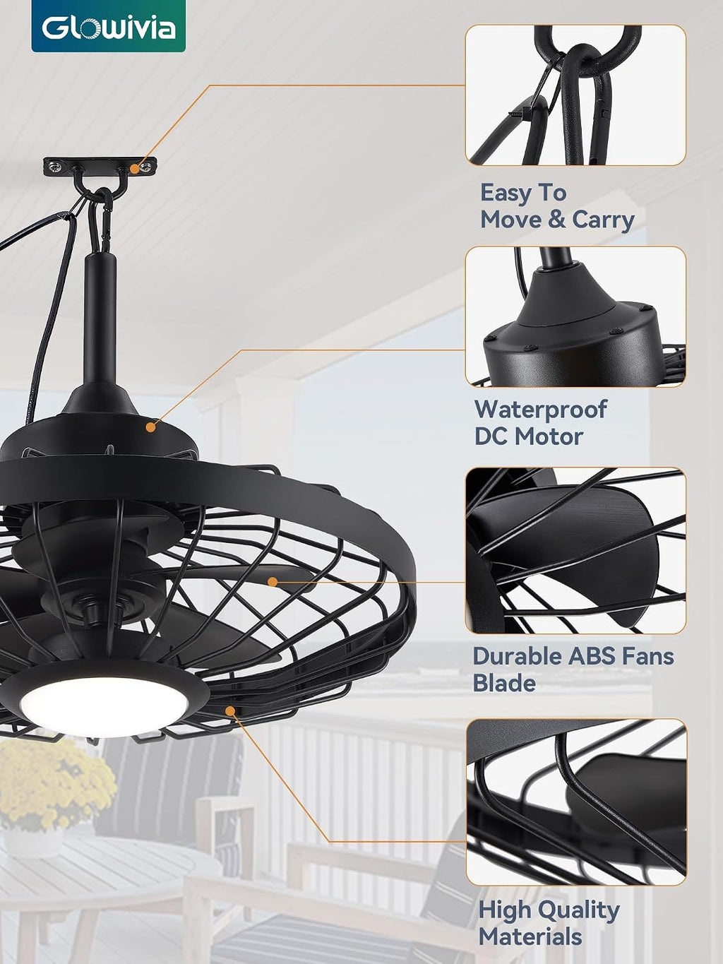 20 Inch Outdoor Ceiling Fan with Light and Remote - IP65 Waterproof, 3-Color LED (3000K-6000K), 16.5ft Cord, Hanging Hook - Black - for Patio, Gazebo, Porch