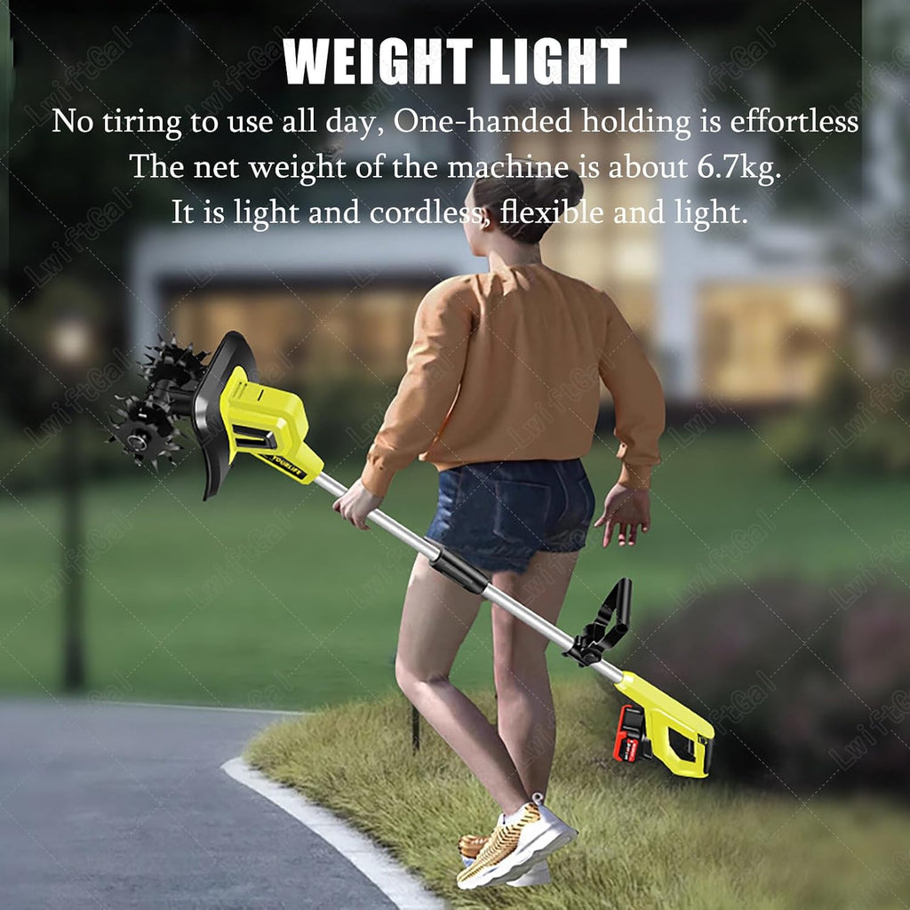 Electric Tiller, Cordless Electric Garden Rotavator - 25cm Working Width, 22cm Working Depth, 20V Soil Cultivator - Tiller with Safety Switch 2batteries