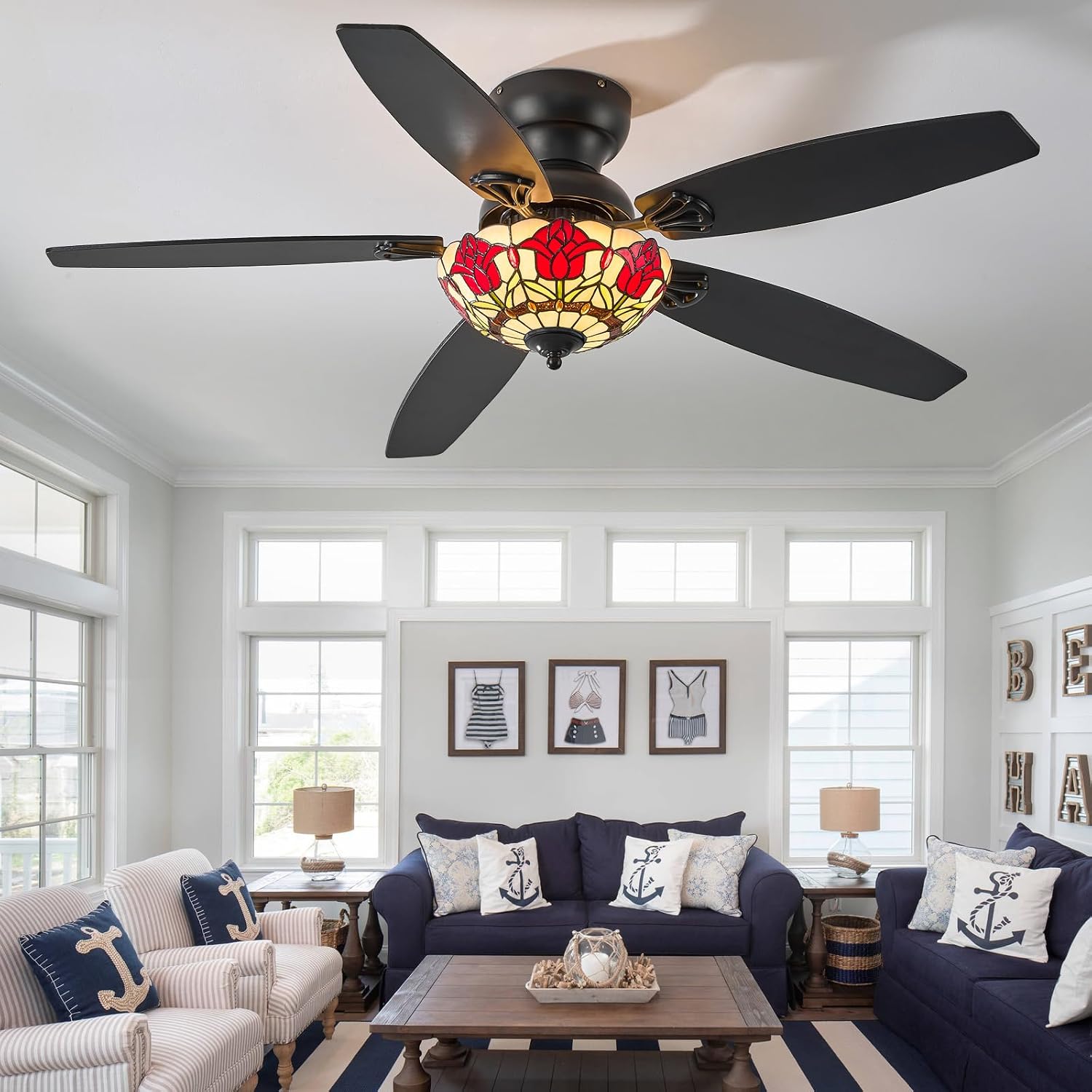 Tiffany Ceiling Fans with Lights - 52' Ceiling Fan Chandelier with 5 Dual-Blades and Glass Shade, 6 Speeds and Reversible, Indoor and Outdoor, Retro Style