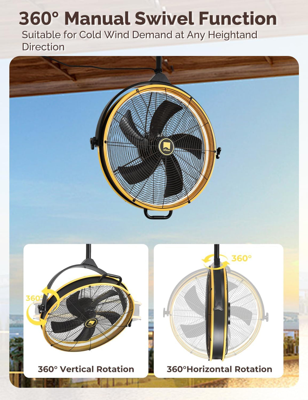 Orison 24.8'' Outdoor/Indoor Garage Ceiling Fan, 6 Speed Ceiling Mounted Plug-In Cord Garage Fan with Remote&APP, Manual Vertical Rotation, Hook hanging for Gazebo, Patio, Yellow