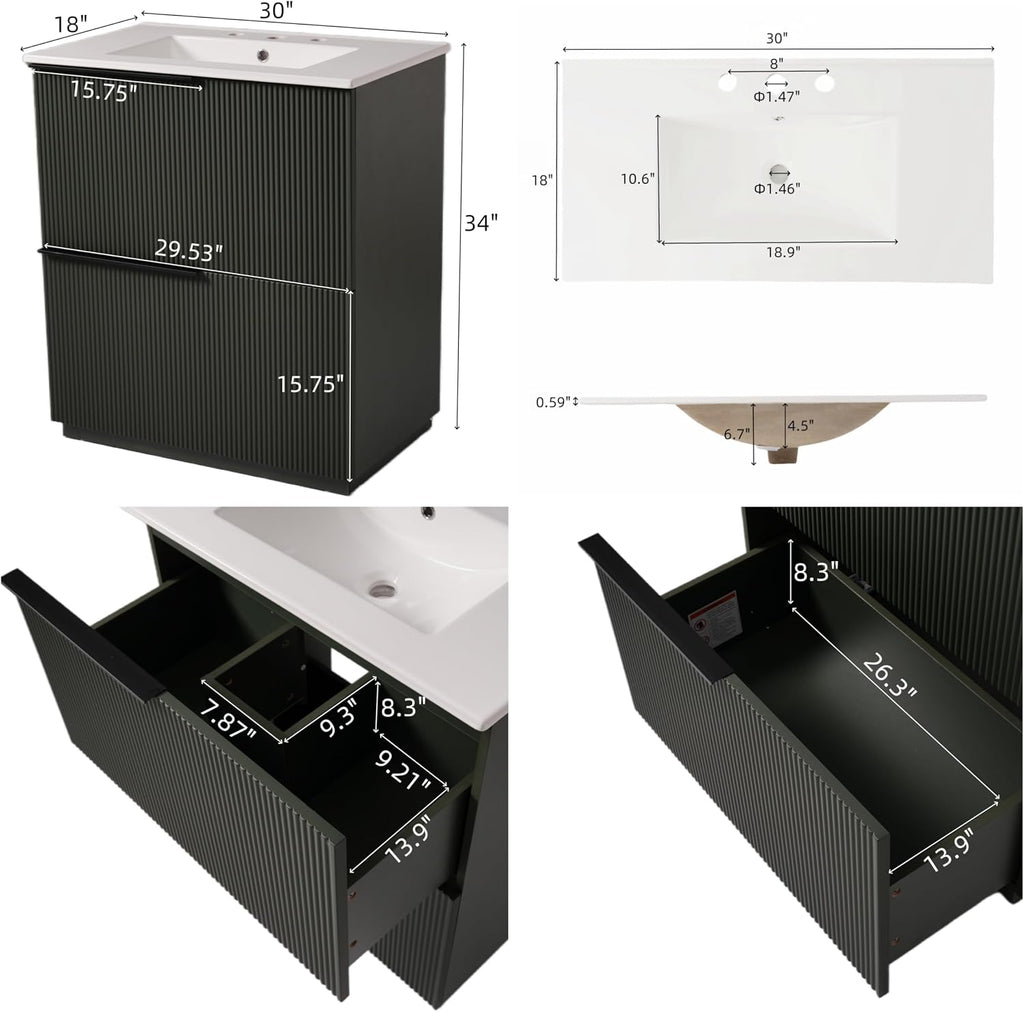 Christopher Knight Home Byron 30' Bathroom Vanity with Sink, Modern Freestanding Bathroom Sink Cabinet with Drawer, Undermount Vanity Sink Cabinet, Bathroom Storage Cabinet with Sink Combo Set, Green