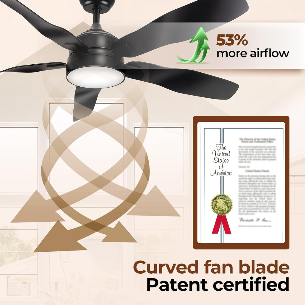 LAC D' LIGHTINGS Ceiling Fans with Lights, 52 Inch Black Ceiling Fan with Light and Remote 3 Color 6 Speed Adjustable, Noiseless DC Motor, Outdoor Fan for Indoor Outdoor Patio Farmhouse Bedroom