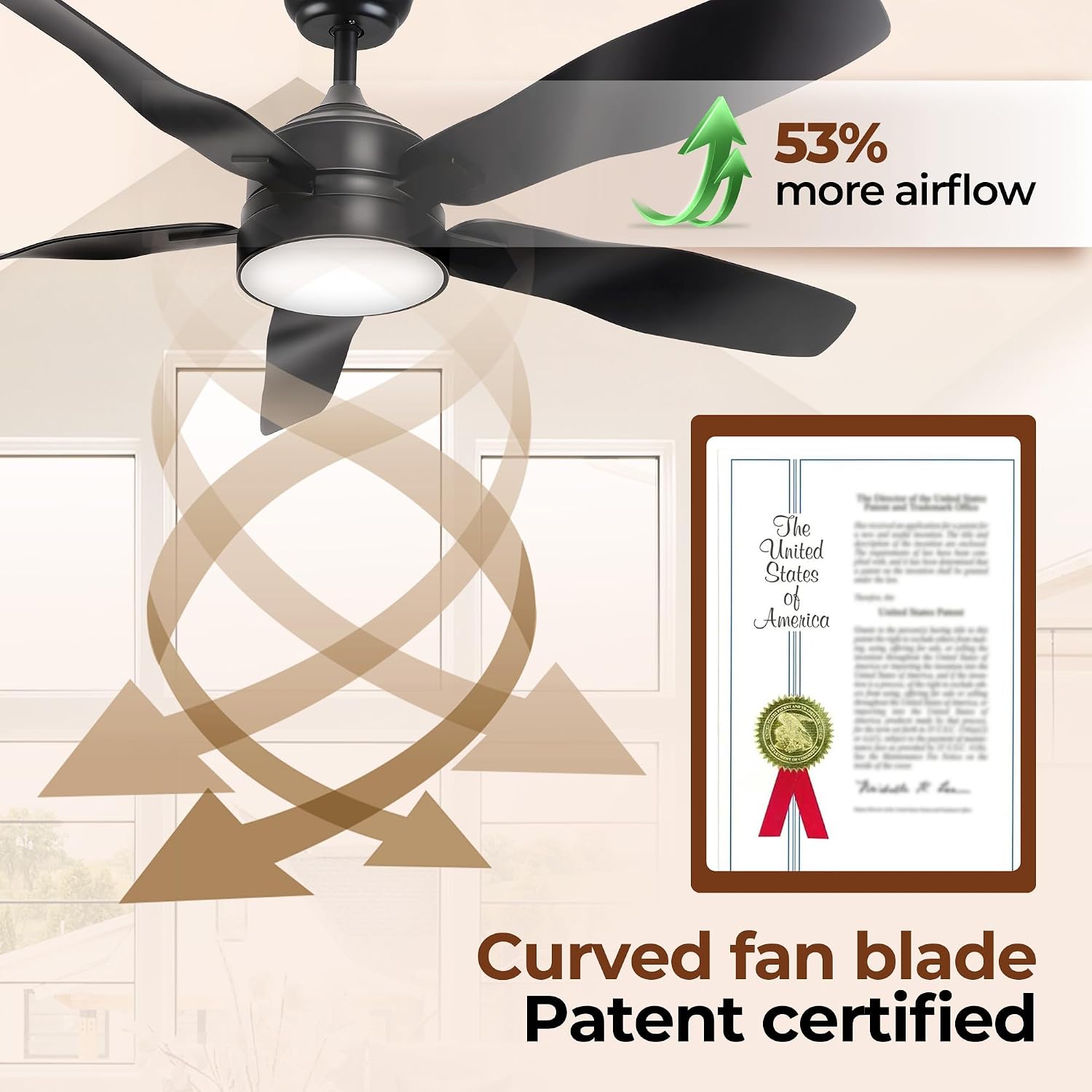 LAC D' LIGHTINGS Ceiling Fans with Lights, 52 Inch Black Ceiling Fan with Light and Remote 3 Color 6 Speed Adjustable, Noiseless DC Motor, Outdoor Fan for Indoor Outdoor Patio Farmhouse Bedroom