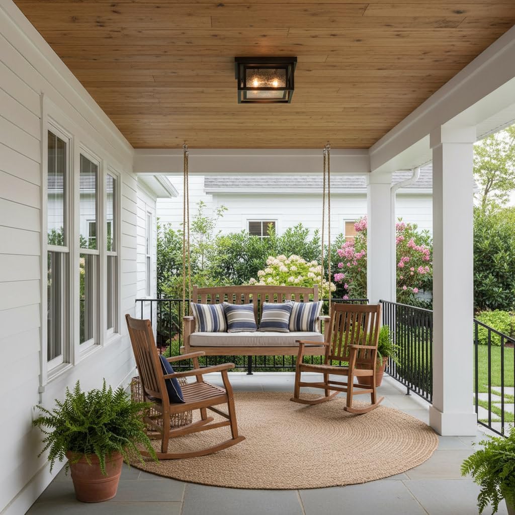 Hinkley Republic Small Flush Mount Outdoor Ceiling Light, Composite, Clear Seedy Glass Panes, Anti-Fading Finish, Oil Rubbed Bronze Finish