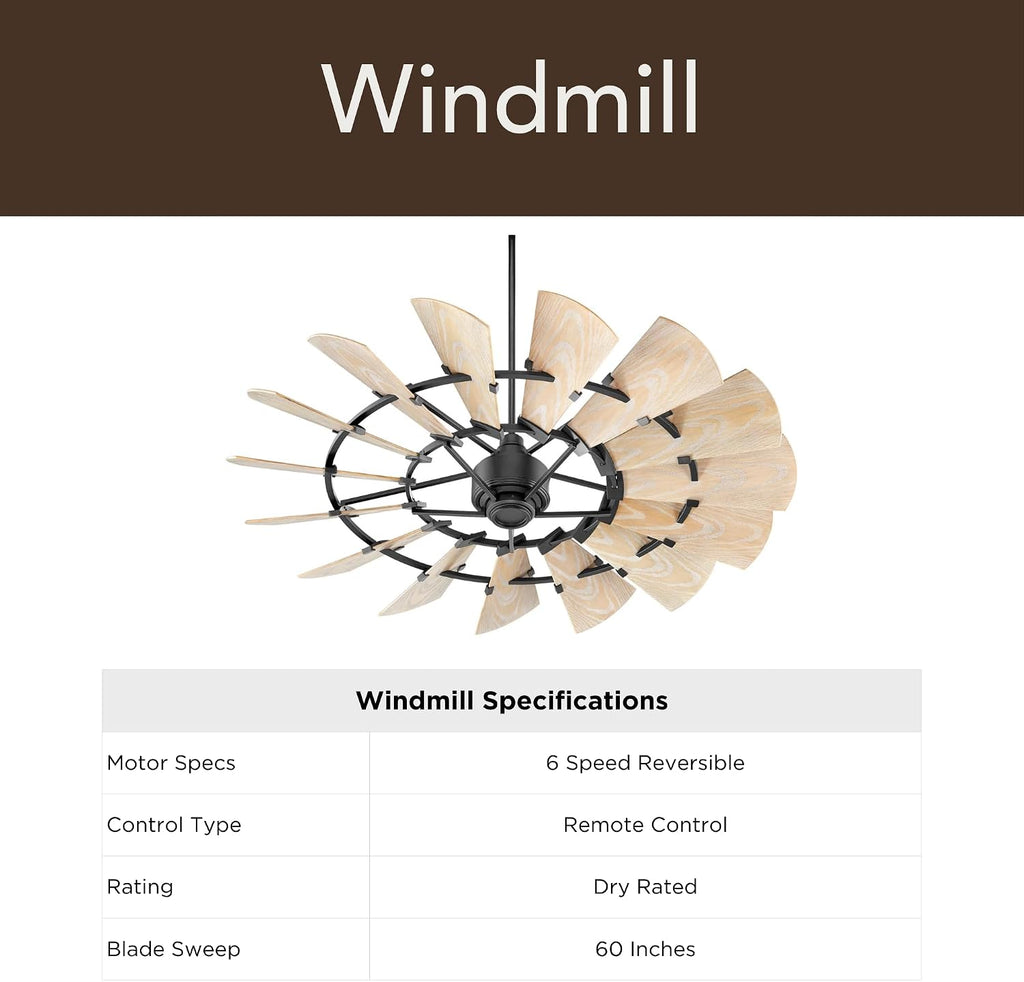 Quorum 195210-69 Windmill 52 Inch Ceiling Fan | 10 Blade Wagon Wheel Design | 6 Speed Reversible DC Motor | Remote Control Included | Damp Rated Fan | Weathered Oak Blades | Textured Black Finish