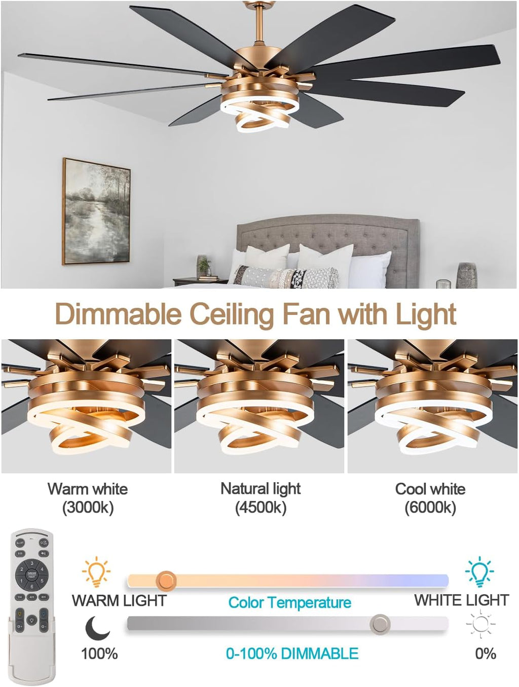 72 Inch Black and Gold Ceiling Fan with Lights and Remote Modern Fandelier Ceiling Fan Large Chandelier LED Light, Reversible DC Motor 3CCT Dimmable 6 Speed for Living Room Indoor Outdoor