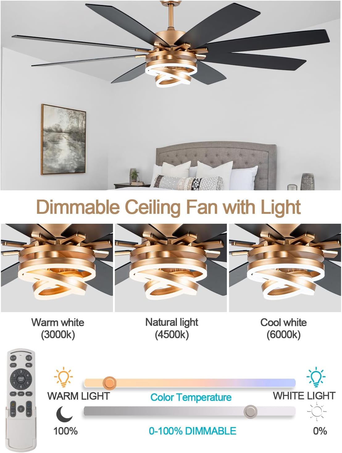 72 Inch Black and Gold Ceiling Fan with Lights and Remote Modern Fandelier Ceiling Fan Large Chandelier LED Light, Reversible DC Motor 3CCT Dimmable 6 Speed for Living Room Indoor Outdoor