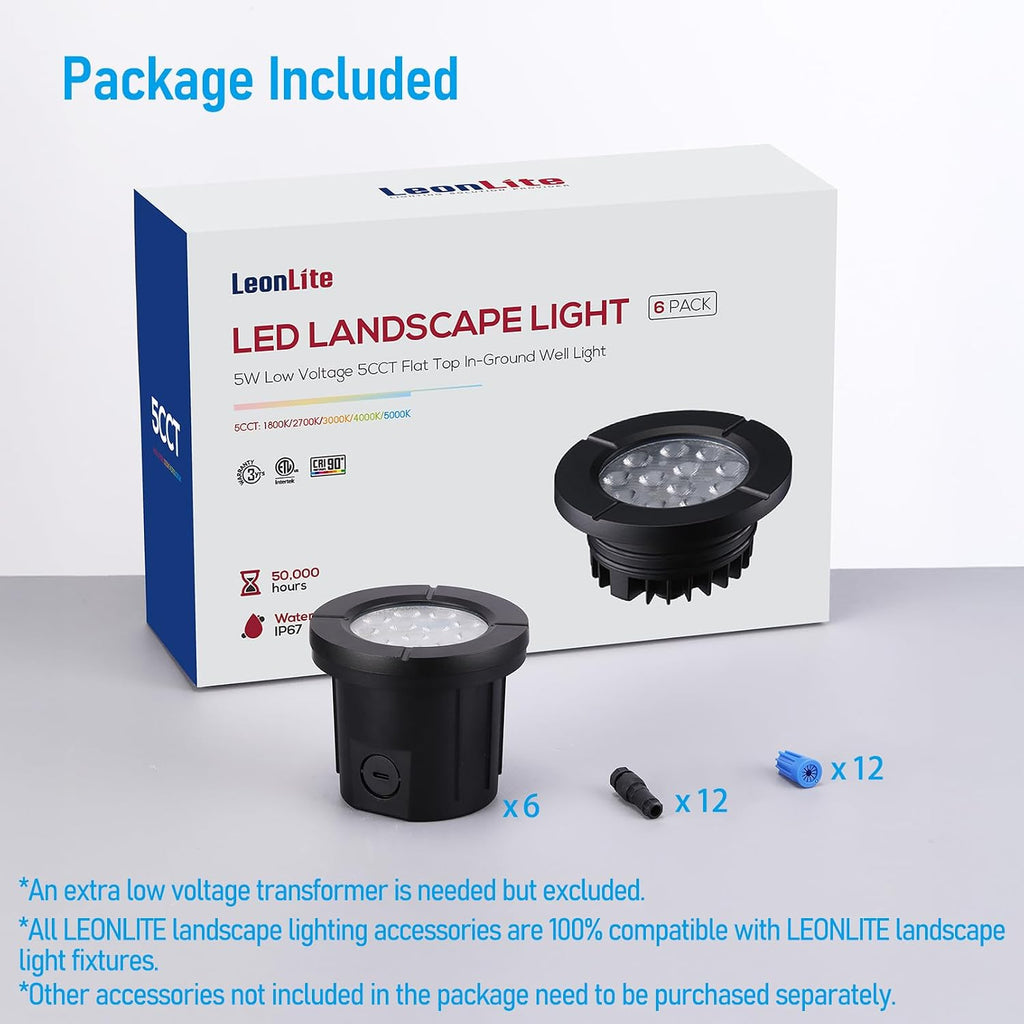 LEONLITE Dia. 4 Inch 5CCT Well Lights Landscape LED In Ground, Flat Top, 5 Color Temperature Selectable, 12-24V AC/DC CRI90 Low Voltage Outdoor Garden Landscaping, Black Aluminum Housing, Pack of 6