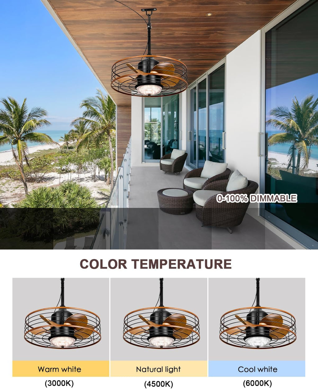 20' Outdoor Ceiling Fan with Lights and Remote Control, Black Gazebo Ceiling Fans 6 Speeds, Portable Hanging Waterproof Caged Ceiling Fan with Dimmable LED Lights for Gazebo, Patios