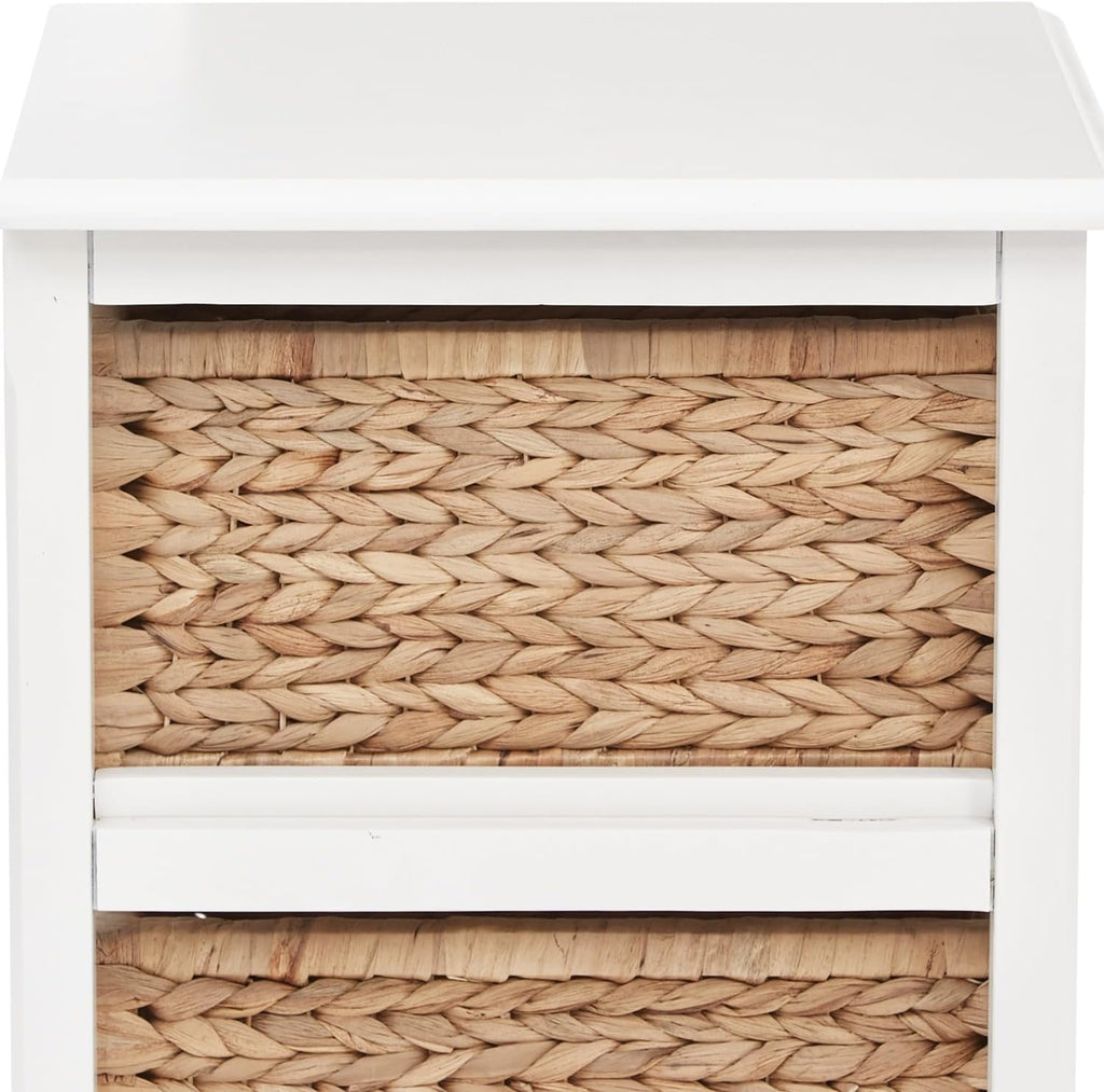 OSP Home Furnishings Seabrook Storage Tower with Solid Wood Frame and Natural Baskets, 2-Tier, 4-Drawer, White Finish