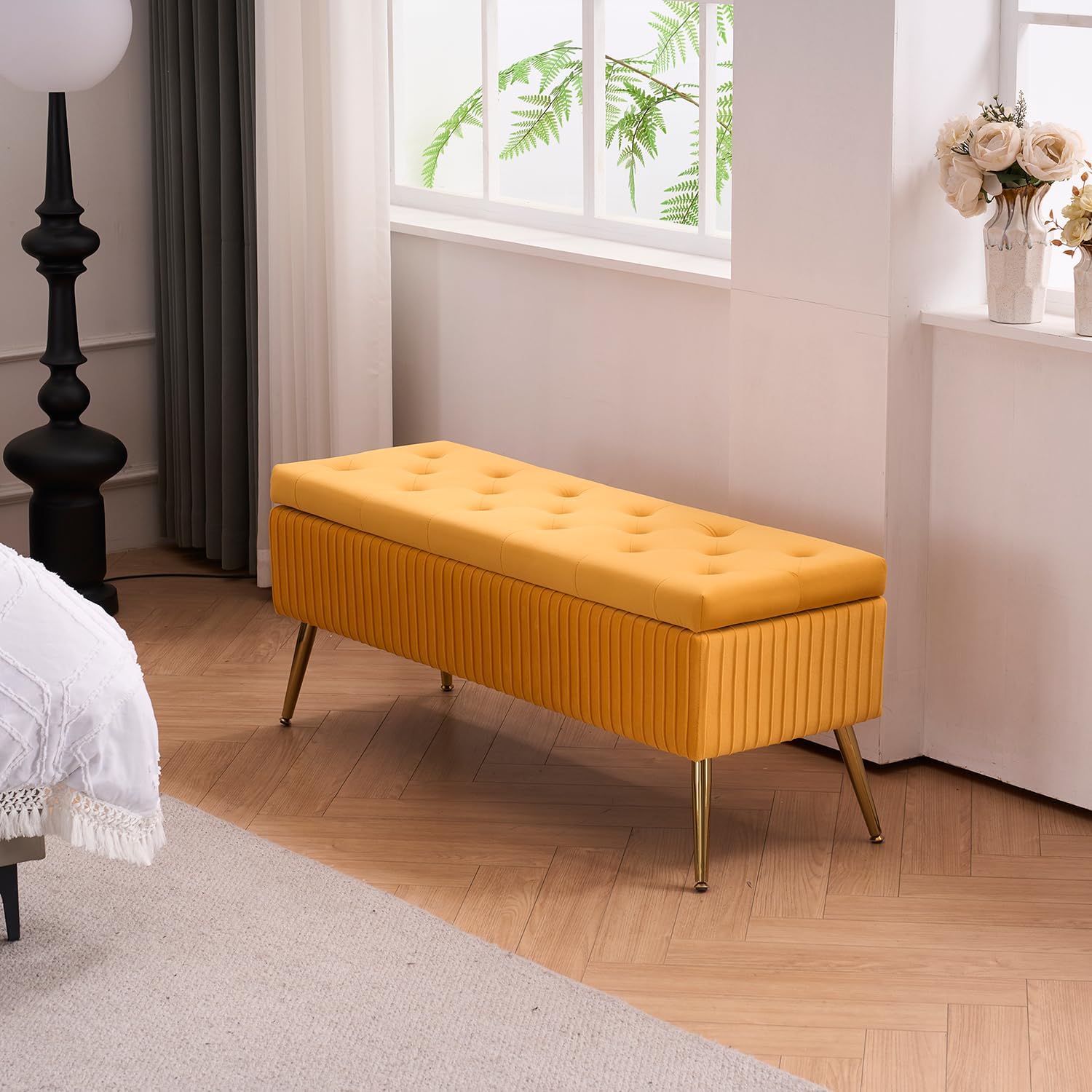 Velvet Storage Bench for Bedroom, Upholstered End of Bed Bench Modern Tufted Ottoman with Gold Legs for Living Room/Window/Entryway (Mustard Yellow, Rectangle-45.5' W)