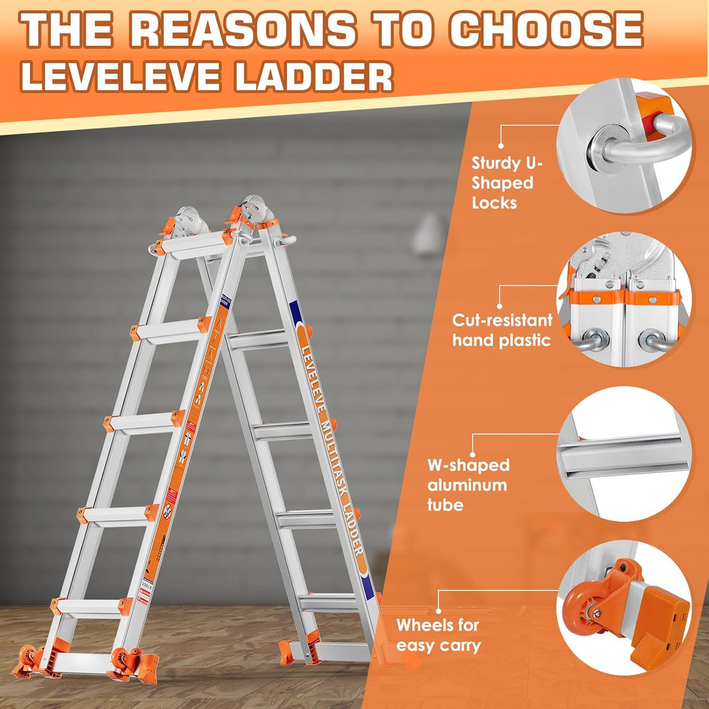 LEVELEVE 11FT Multi Position Ladder,A Frame 3 Step Ladder with Stabilizer Bar & Wheels,330 lbs Security Load Extension Ladder for Stairs Home Indoor Outdoor Roof