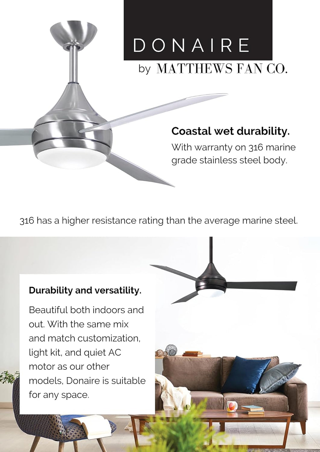 Matthews DA-BS-BK Donaire Outdoor Wet/Salt Water Rated 52' Marine-Grade Coastal Ceiling Fan with LED Light & Remote, Brushed Stainless with Black