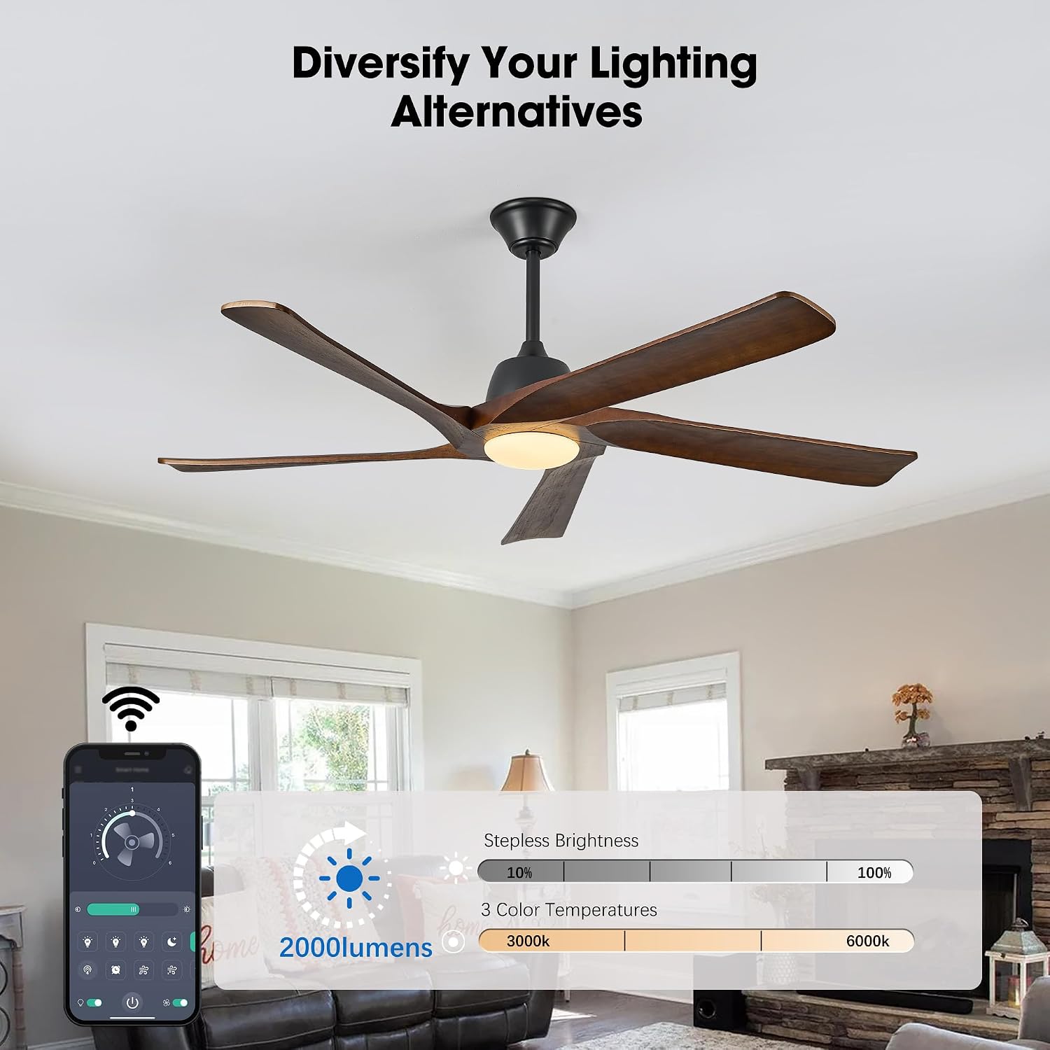 60' DC Ceiling Fan with Light, Solid Wood Ceiling Fan with Remote and APP Control, 3-color Dimmable, 6-speed Reversible Fans for Bedroom, Living Room, Dark Walnut
