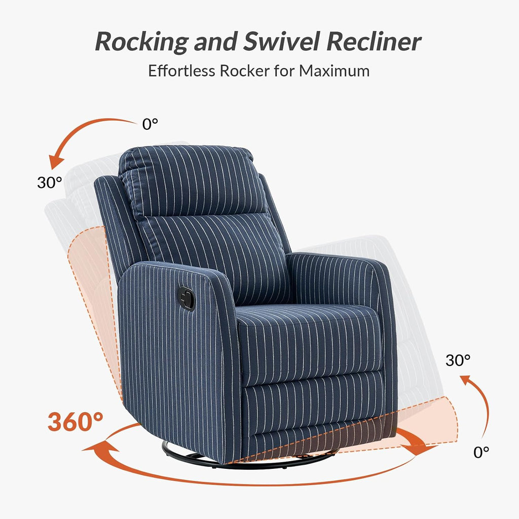 HULALA HOME Swivel Rocker Recliner Adjustable Home Theater Single Fabric Recliner Sofa Furniture, Living Room Rocking Recliner Chairs Nursery, Set of 2 Navy Striped Pattern