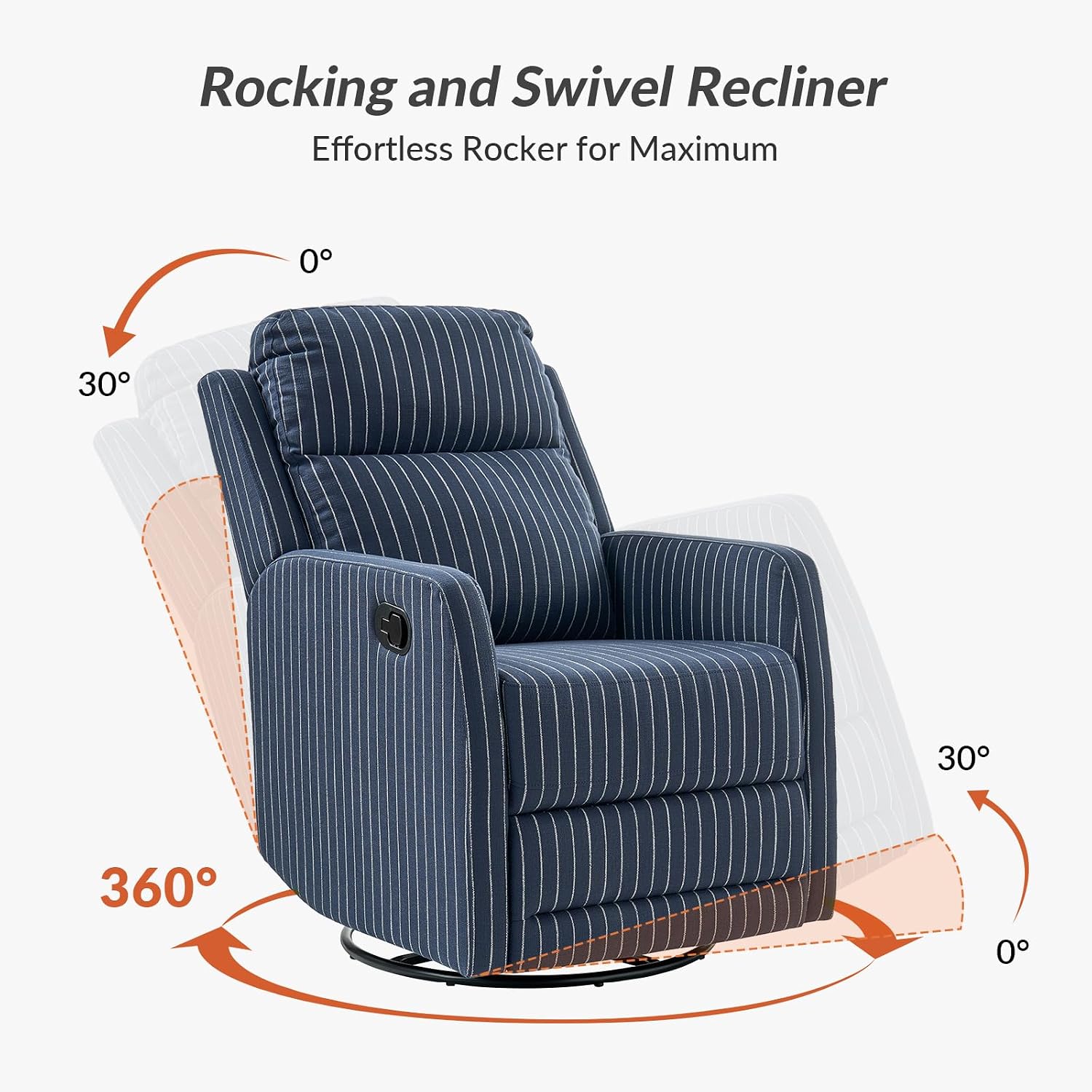 HULALA HOME Swivel Rocker Recliner Adjustable Home Theater Single Fabric Recliner Sofa Furniture, Living Room Rocking Recliner Chairs Nursery, Set of 2 Navy Striped Pattern