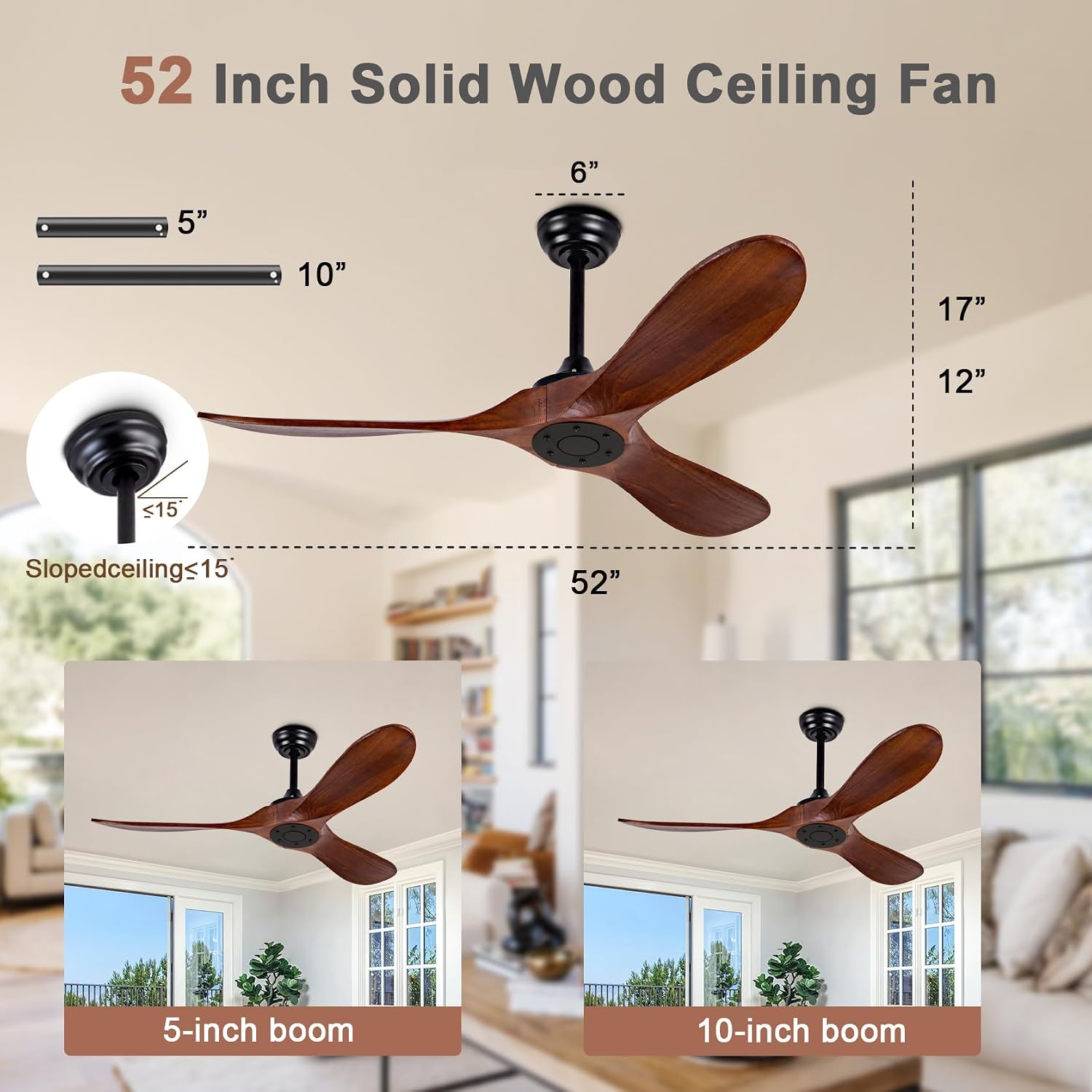 52-inch Ceiling Fan Without Light, with Remote Control, Reversible DC Motor, with 3 Solid Wood Blades, for Patio, Living Room, Bedroom, Farmhouse (Black + Walnut)