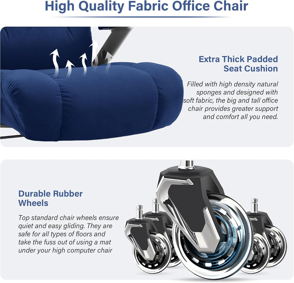 Big and Tall Office Chair 700lbs- Executive Desk Chair with Adjustable Lumbar Support 3D Flip UP Arms- Heavy Duty Quiet Wheels Metal Base Ergonomic Computer Chairs, Blue