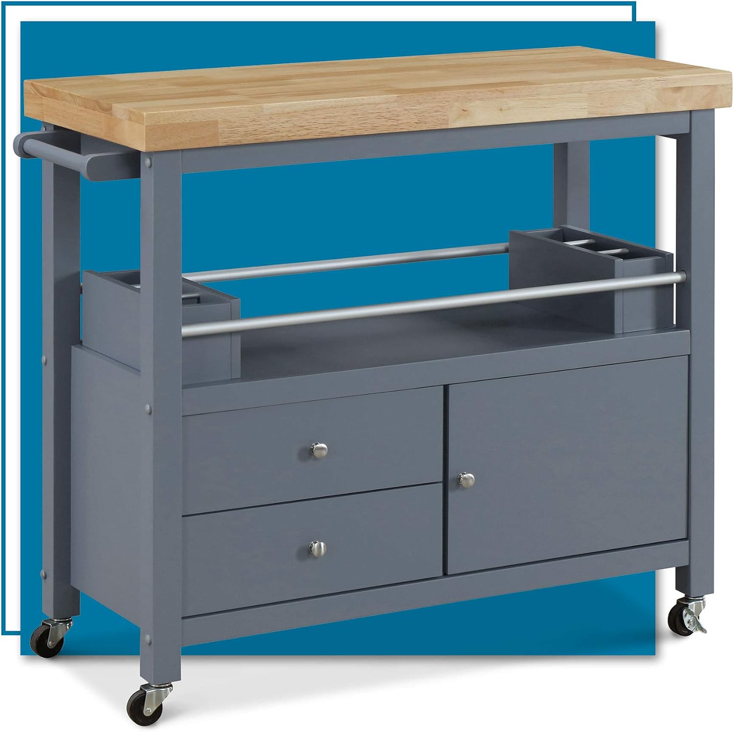 ClickDecor Anson Kitchen Island Bar Cart with Storage, Butcher Block Table, Rolling Wheels and Portable Cabinet Organization for Home Apartment Essentials, Gray