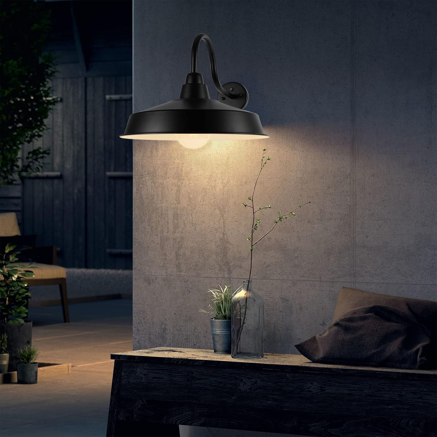 Dusk to Dawn Barn Light Outdoor, 16 Inch Dome Large Farmhouse Exterior Light Fixture Wall Mount, Industrial Outdoor Wall Sconce Outside for House, Shop, Porch, Garage, Black, 2 Pack